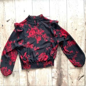 Feminine Floral Blouse - Black with Deep Red Roses
